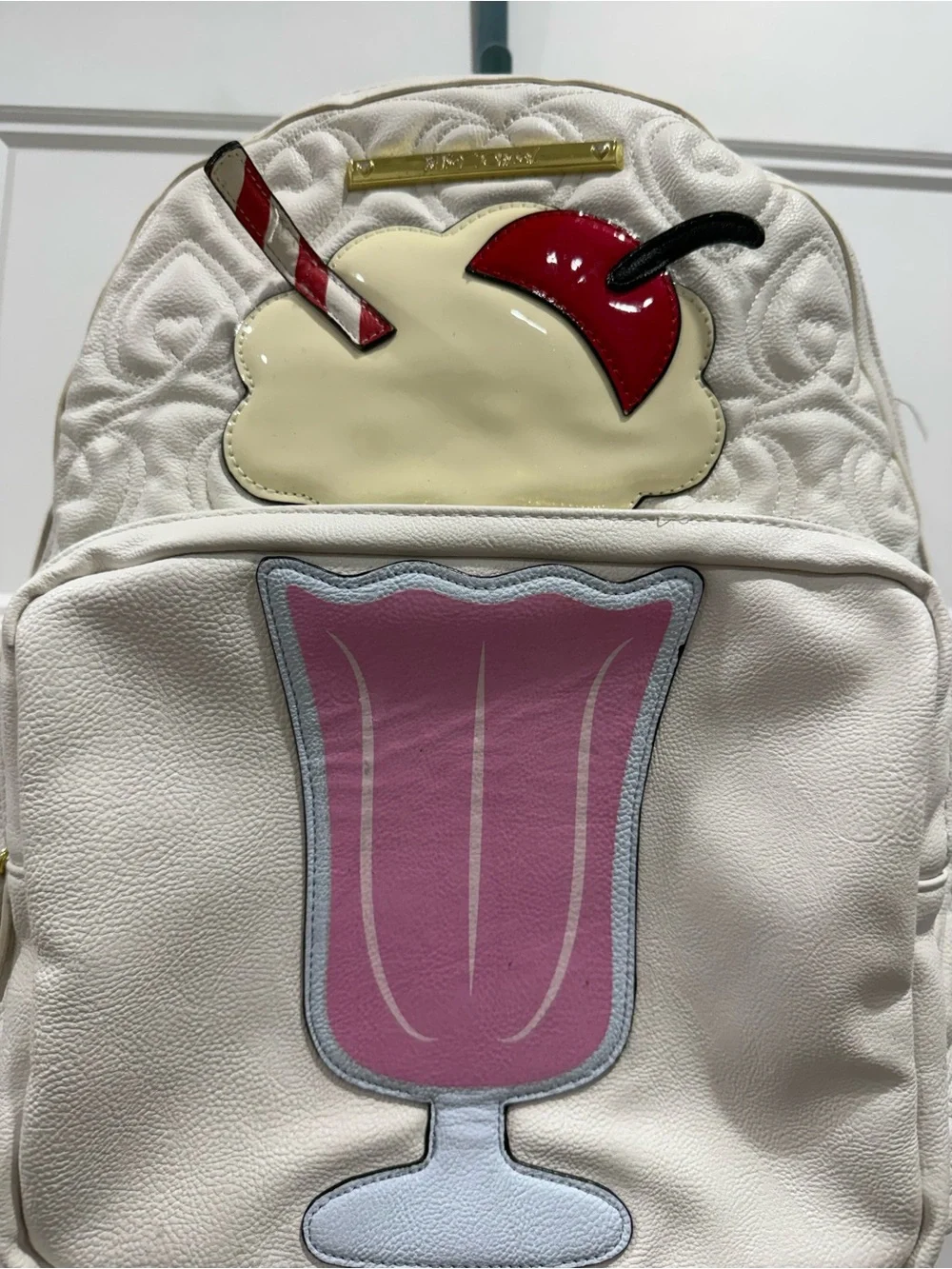 EUC Quilted Betsey Johnson Milkshake Backpack with Pink Cup and Red Cherry lined